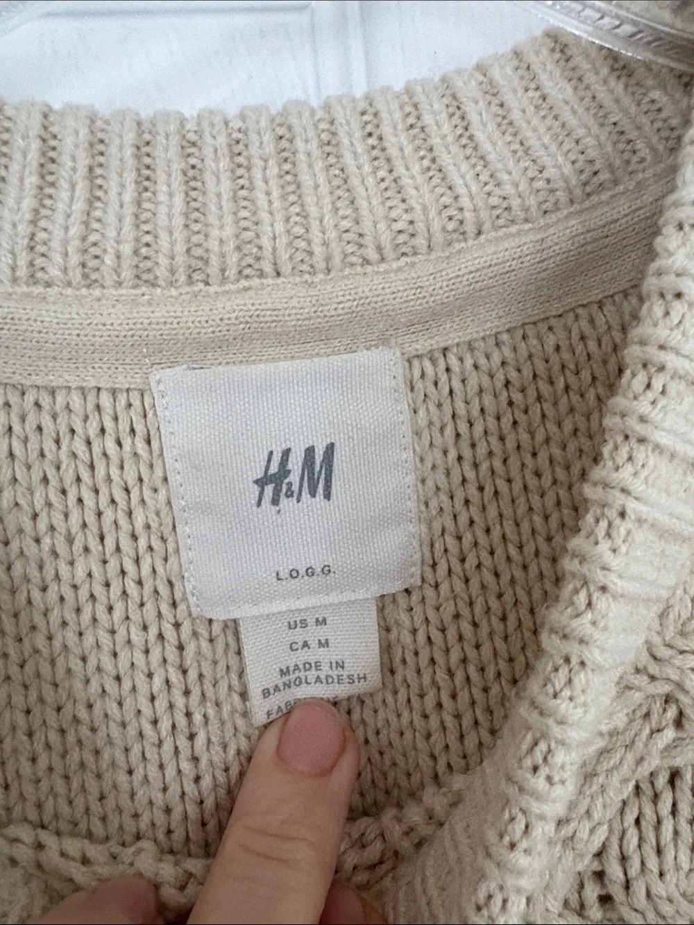 H&M L.O.G.G. Men's Cream Cable Knit Crewneck Grandpa Tunic Sweater Size Medium